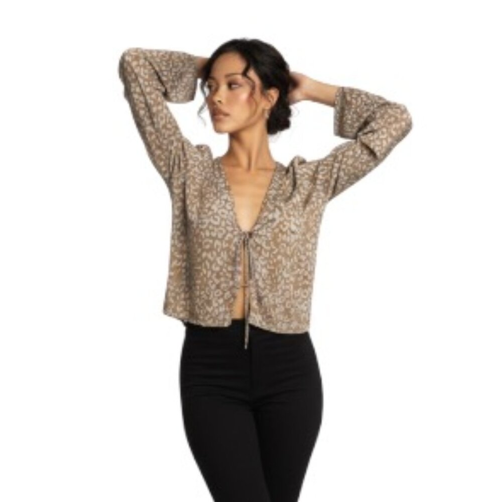 Motel Rocks Medium Tan Lilac Long Sleeve Plunge Neck Front Tie Top
